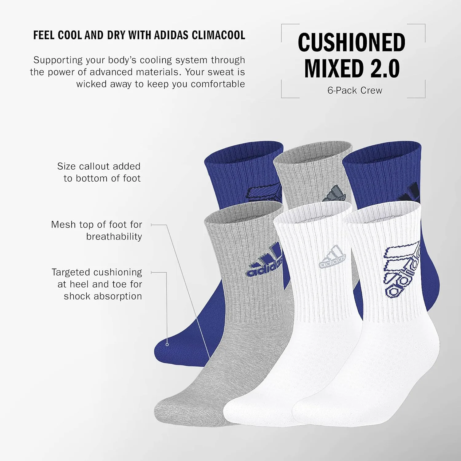 adidas Youth Athletic Cushioned 6-Pack Crew, Kid's Crew Socks for Sports, Durable & Breathable