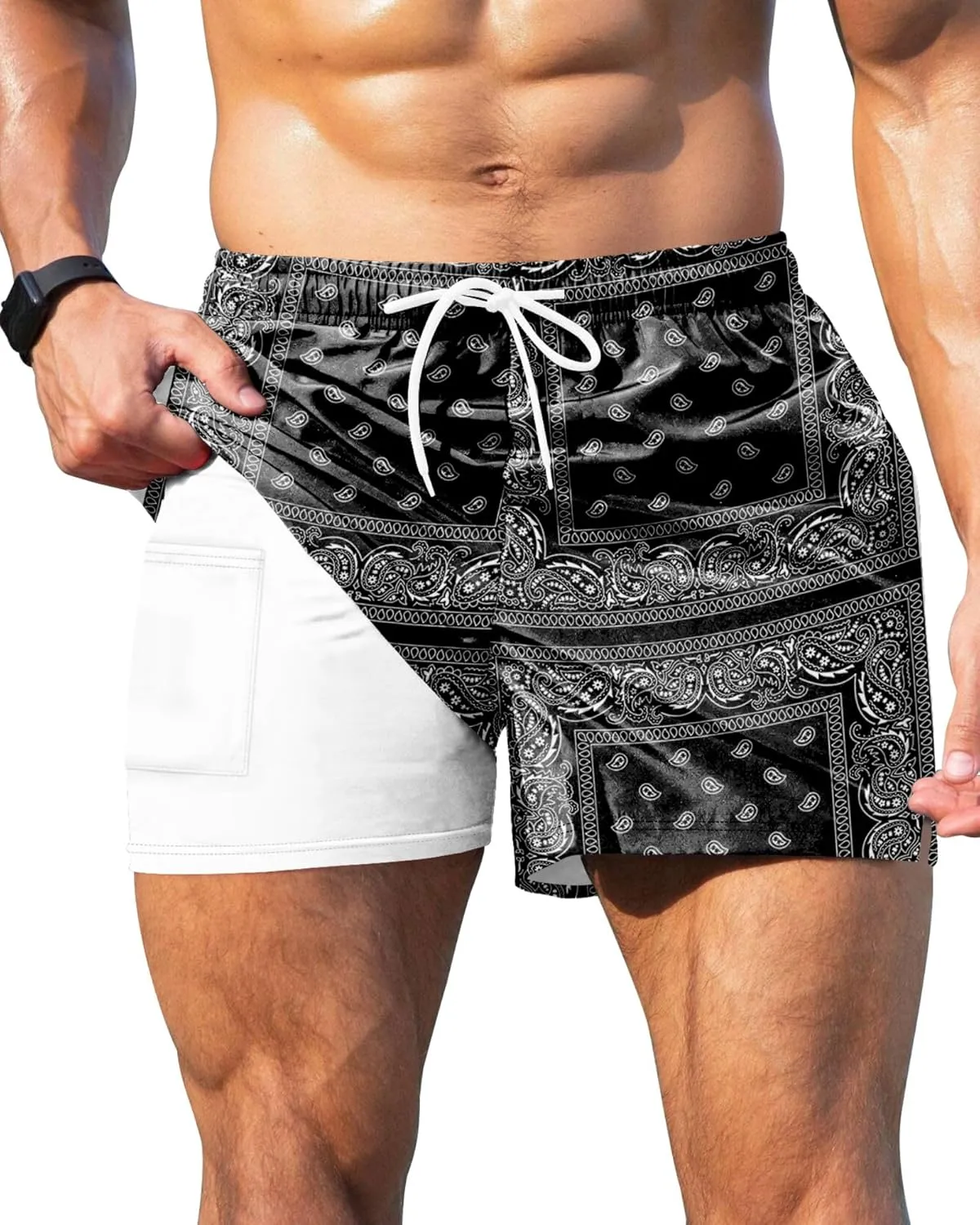 GIISAM Men's Swim Trunks, Bathing Suit 4 inch Inseam Quick Dry Swimsuit Beach Shorts with Compression Liner