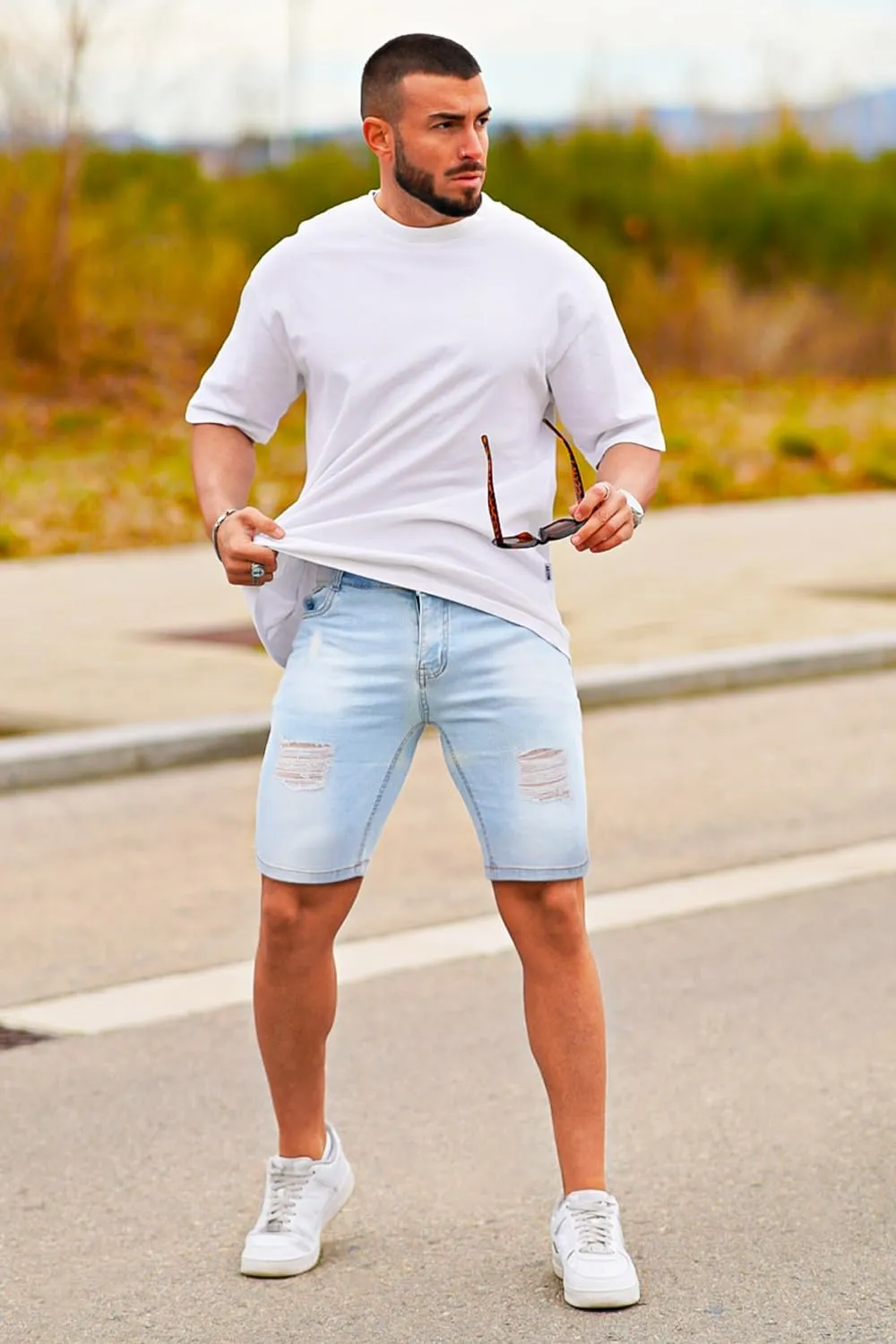 GINGTTO Men's Jean Shorts Ripped Slim Fit Stretch Denim Shorts