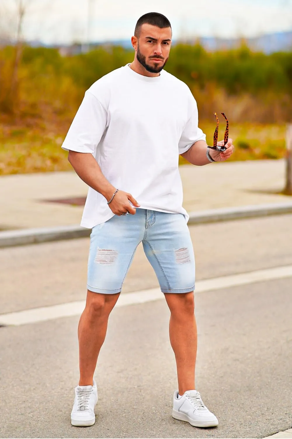 GINGTTO Men's Jean Shorts Ripped Slim Fit Stretch Denim Shorts