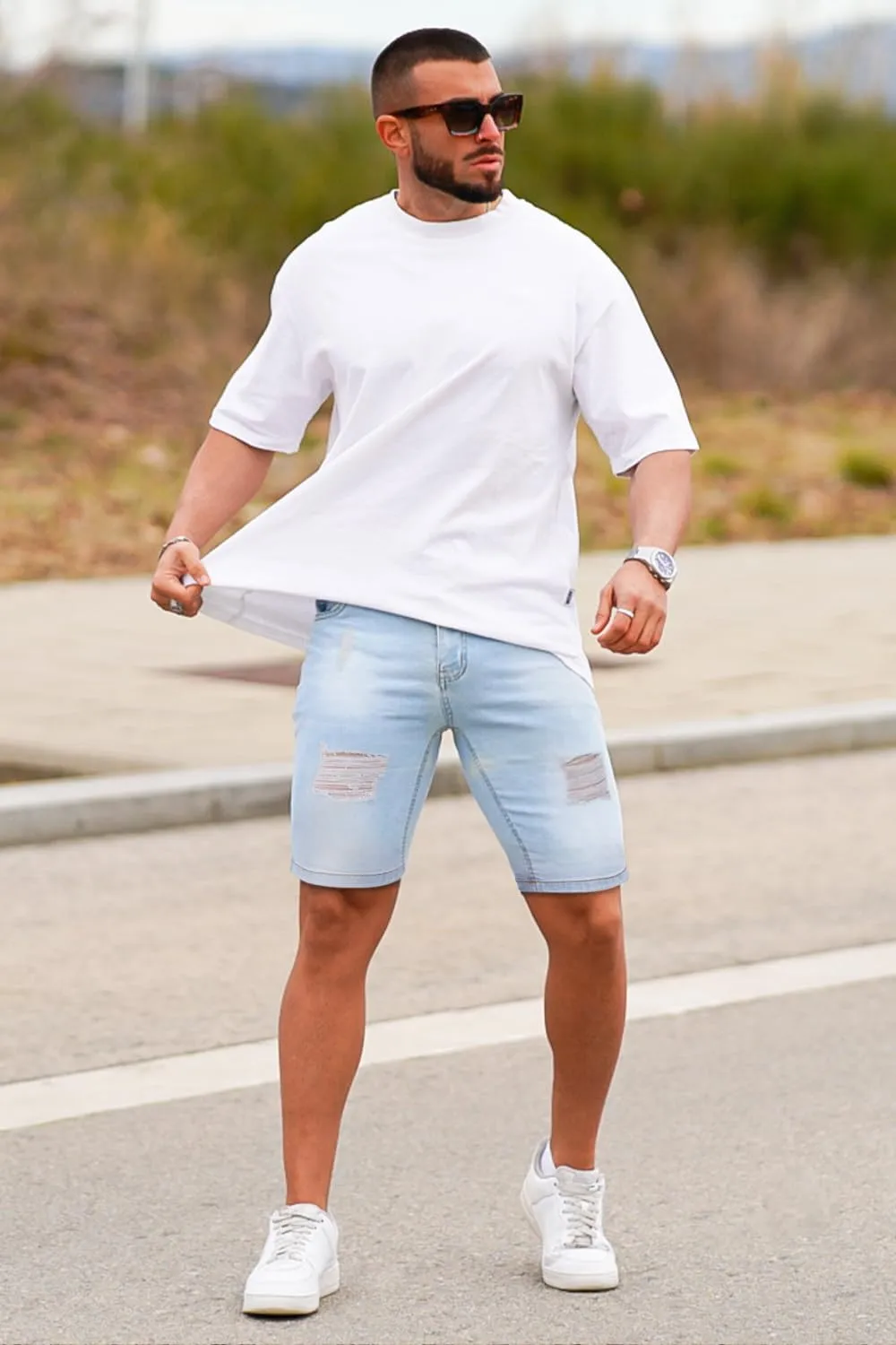 GINGTTO Men's Jean Shorts Ripped Slim Fit Stretch Denim Shorts