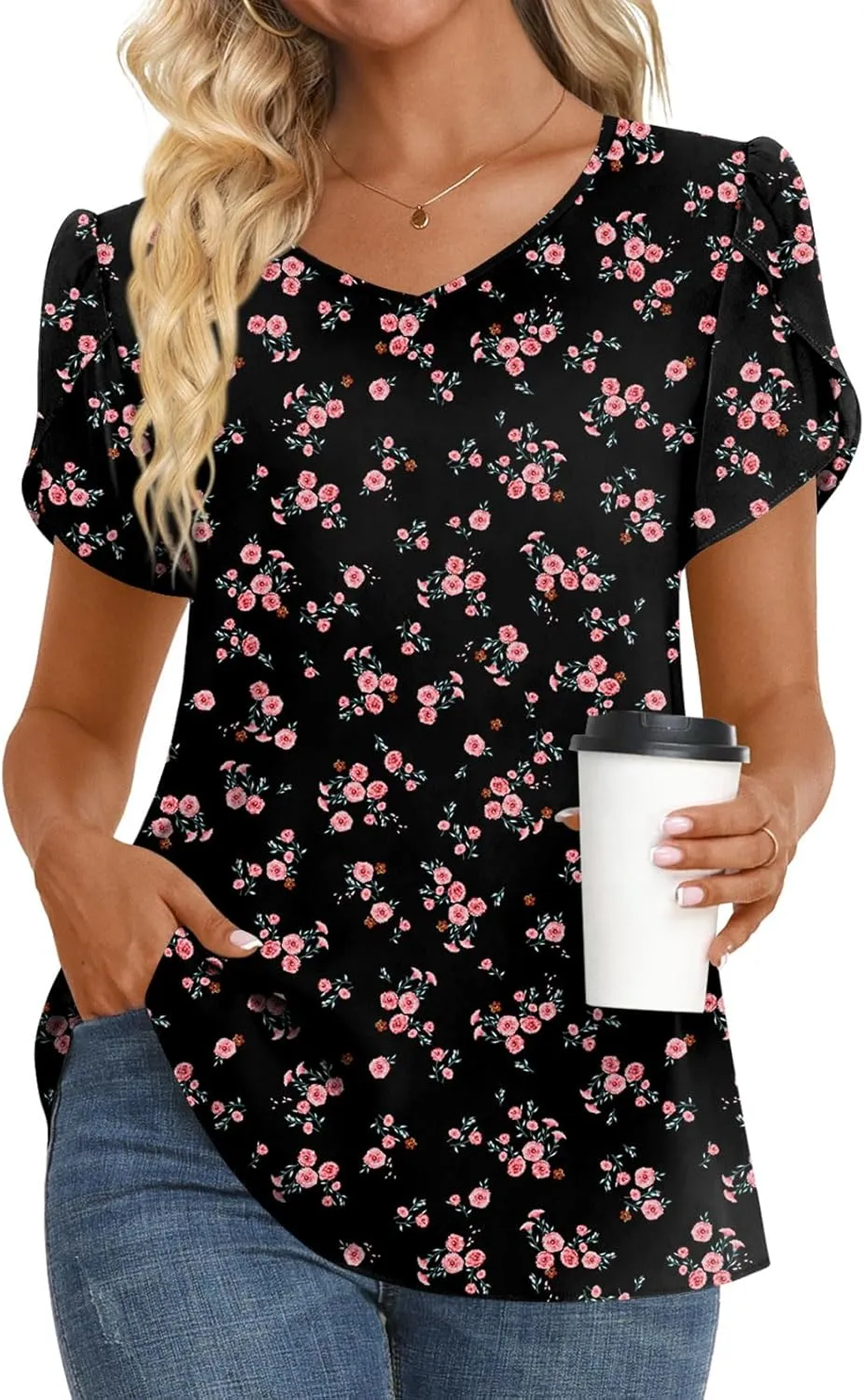 HOTGIFT Womens Tunic Tops 2025 Summer Short Sleeve V Neck Chiffon T Shirt M-3XL