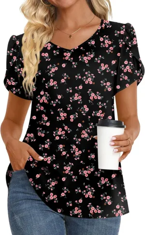HOTGIFT Womens Tunic Tops 2025 Summer Short Sleeve V Neck Chiffon T Shirt M-3XL