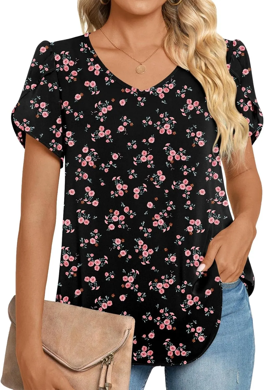 HOTGIFT Womens Tunic Tops 2025 Summer Short Sleeve V Neck Chiffon T Shirt M-3XL