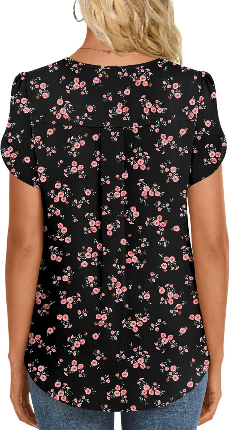 HOTGIFT Womens Tunic Tops 2025 Summer Short Sleeve V Neck Chiffon T Shirt M-3XL