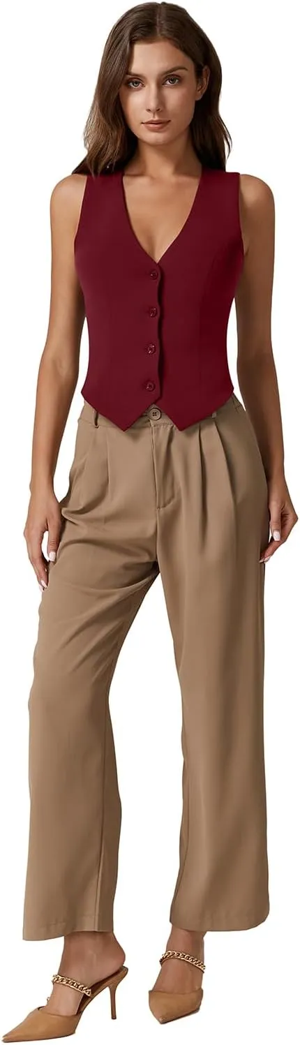 QINSEN Womens V Neck Vest Top Sleeveless Button Down Fully Lined Solid Going Out Crop Tops