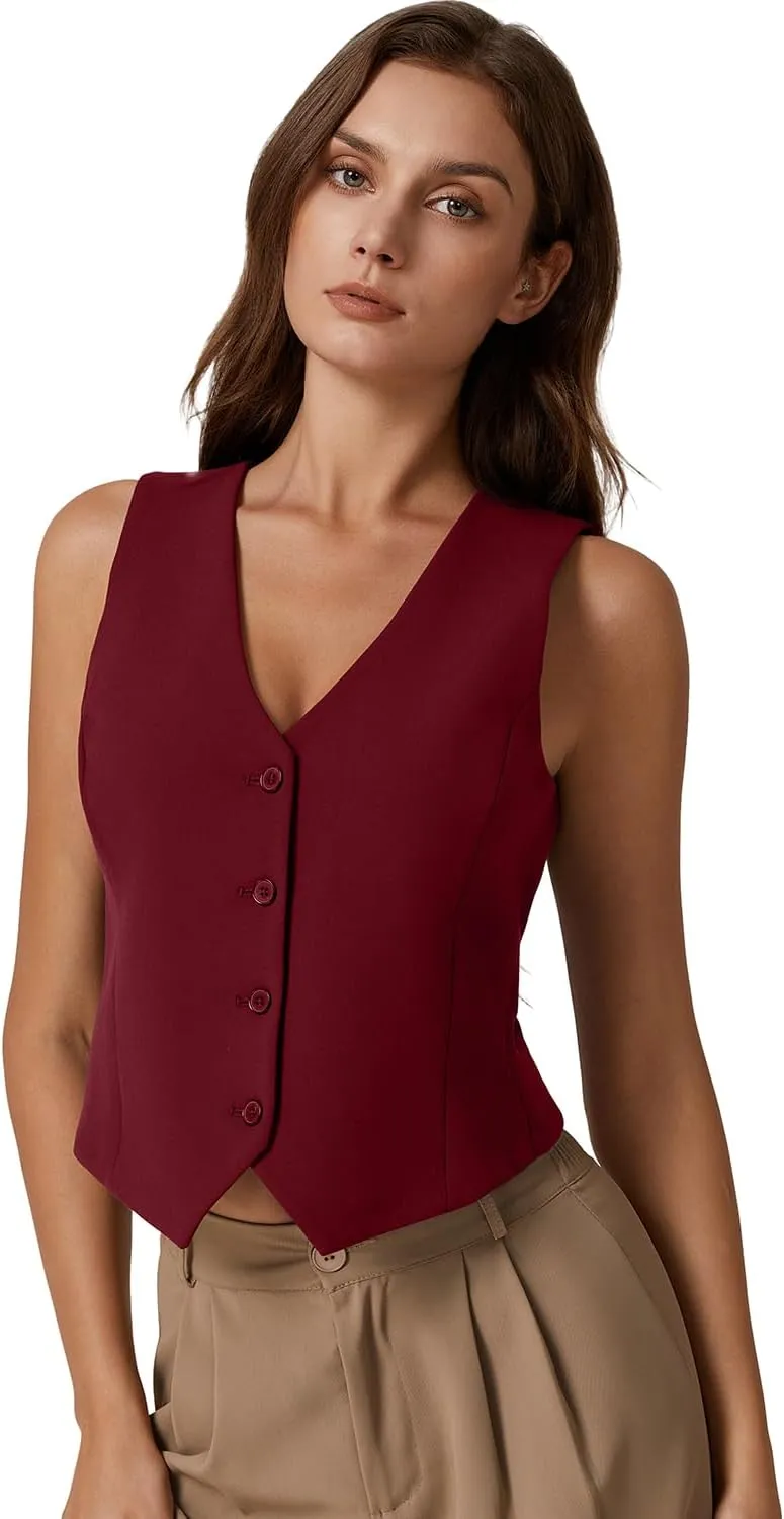 QINSEN Womens V Neck Vest Top Sleeveless Button Down Fully Lined Solid Going Out Crop Tops