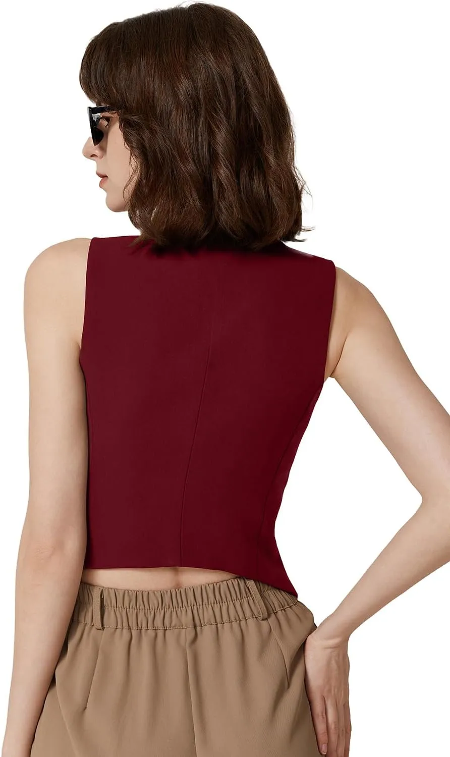 QINSEN Womens V Neck Vest Top Sleeveless Button Down Fully Lined Solid Going Out Crop Tops