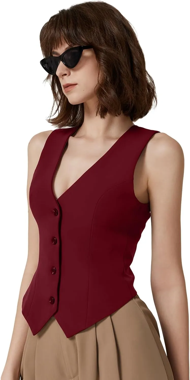 QINSEN Womens V Neck Vest Top Sleeveless Button Down Fully Lined Solid Going Out Crop Tops