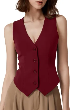 QINSEN Womens V Neck Vest Top Sleeveless Button Down Fully Lined Solid Going Out Crop Tops