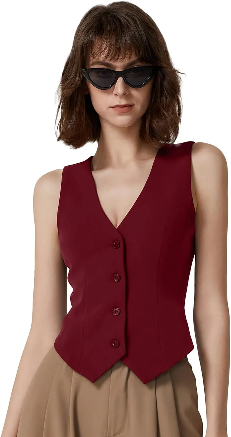 QINSEN Womens V Neck Vest Top Sleeveless Button Down Fully Lined Solid Going Out Crop Tops