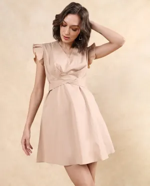 Rareism Women Qinc Beige Cotton Blend Fabric Ruffled Sleeves V-Neck Zipper Closure Fit And Flare Mini Plain Dress